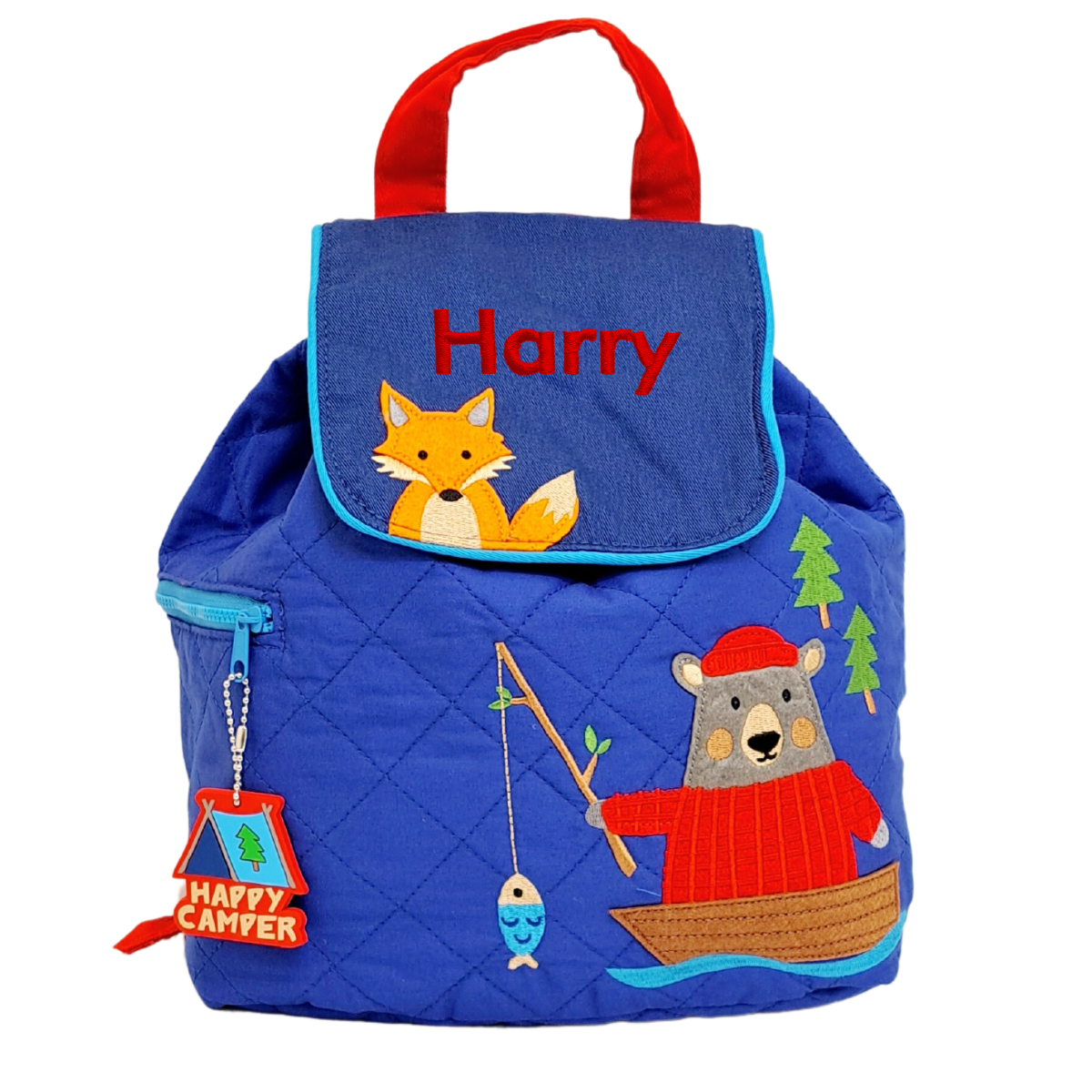 Image of a Stephen Joseph quilted back pack. The main body of the bag is mid blue and it has an appliqued bear in a boat with a red hat and jumper, fishing. The flap of the back is a darker blue with an appliqued fox on it. The bag can be personalised with a name which will be embroidered onto the flap of the bag.