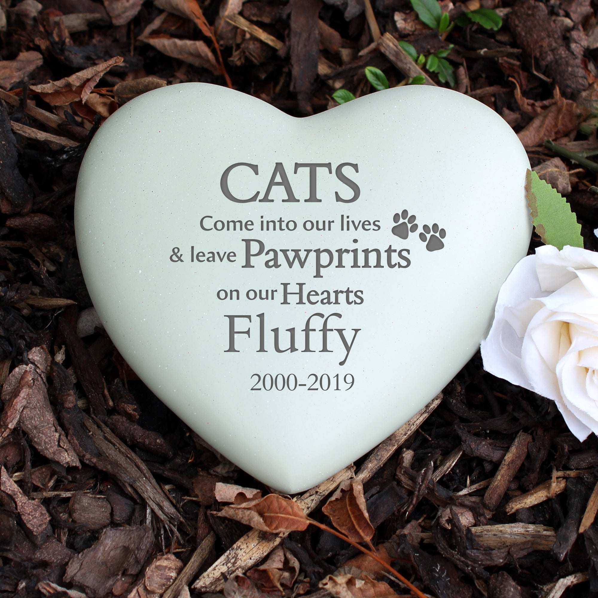 Image of an engraved heart shaped memorial stone for a cat