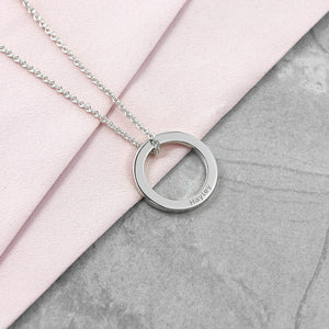 Personalised Family Ring Necklace with Silver Plating and Engraved in Sans Serif Font