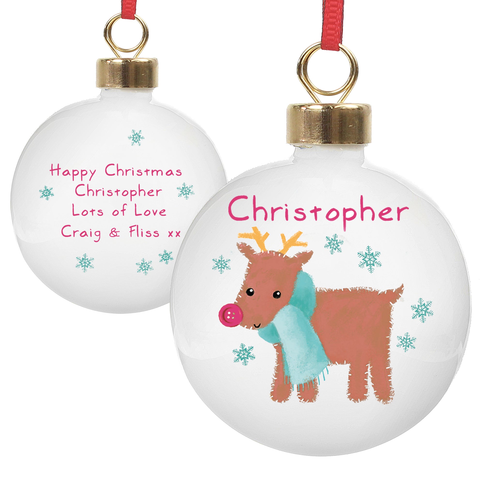 personalised white ceramic round Christmas bauble featuring an image of a hand-drawn reindeer wearing a scarf. The front of the bauble can be personalised with a name of your choice which will feature above the reindeer and on the back, you can put your own special message over 4 lines.