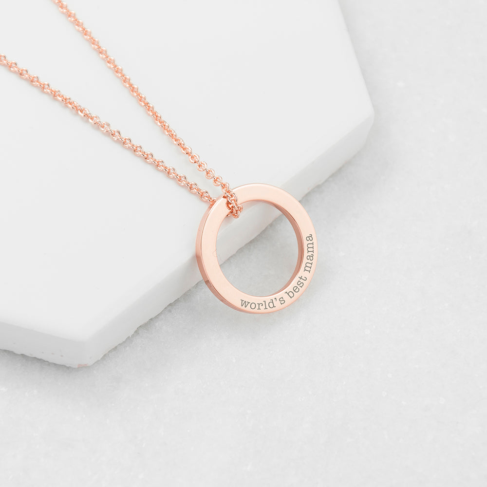 Personalised Family Ring Necklace with Rose Gold Plating and Engraved in Serif Font