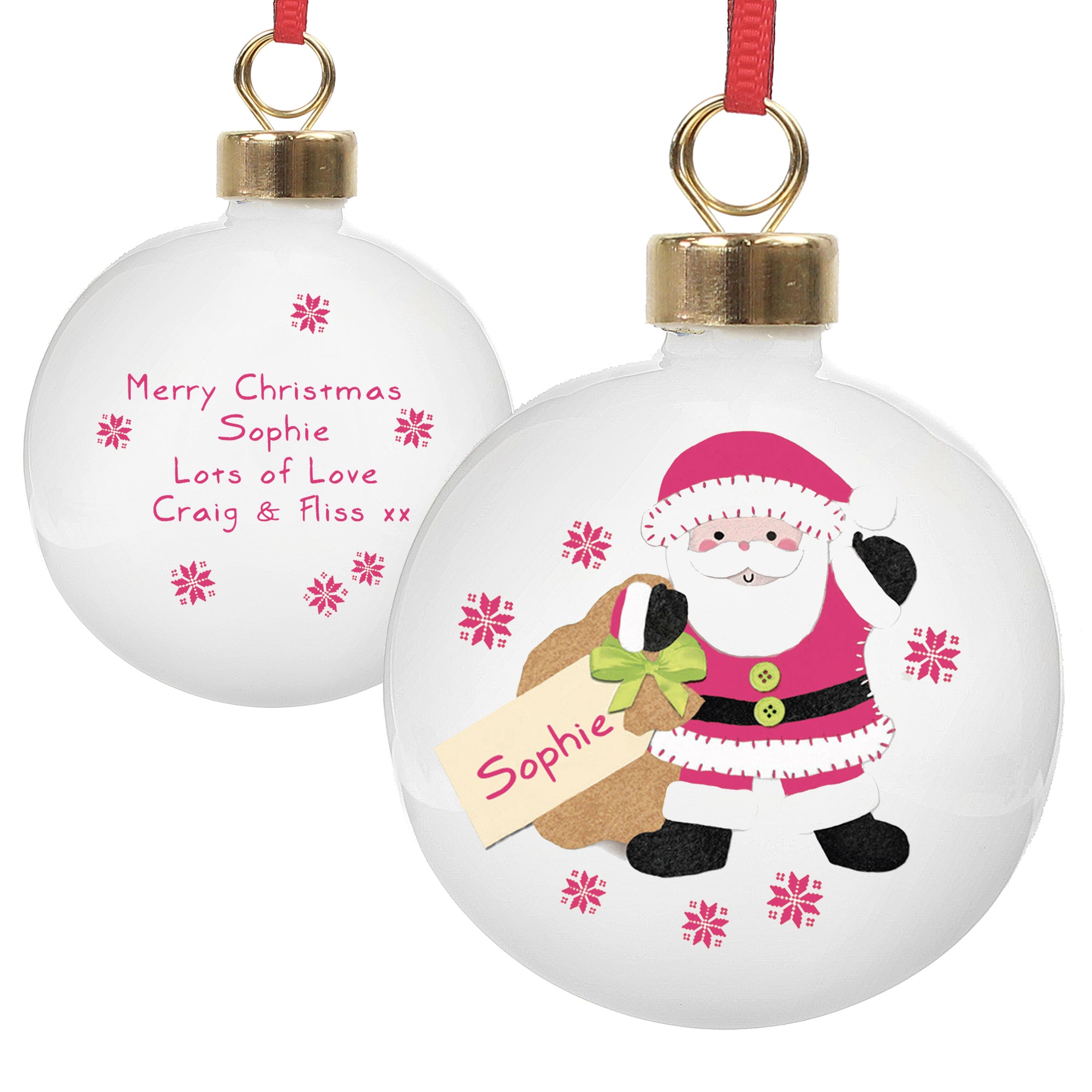 Personalised white ceramic Christmas tree bauble featuring a hand-drawn image of Santa holding a present sack. The front of the bauble can be personalised with a name which will be printed within the label of the sack that Santa is holding and the rear of the bauble can be personalised with your own message over up to 4 lines.