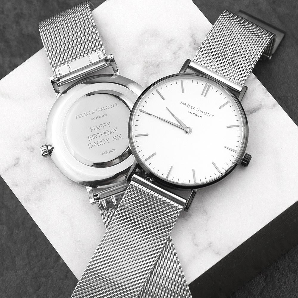 personalised mr beaumont watch with metallic silver mesh strap and white dial engraved with sans serif font