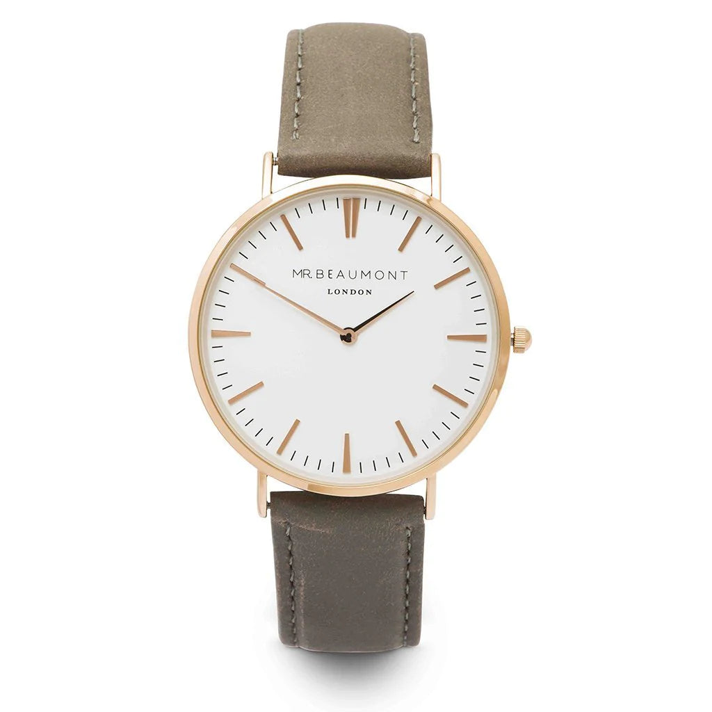 Image of a Mr Beaumont men's watch with a grey leather strap, white face and gold plated detail. The back of the watch can be engraved with your own handwritten message or drawing.