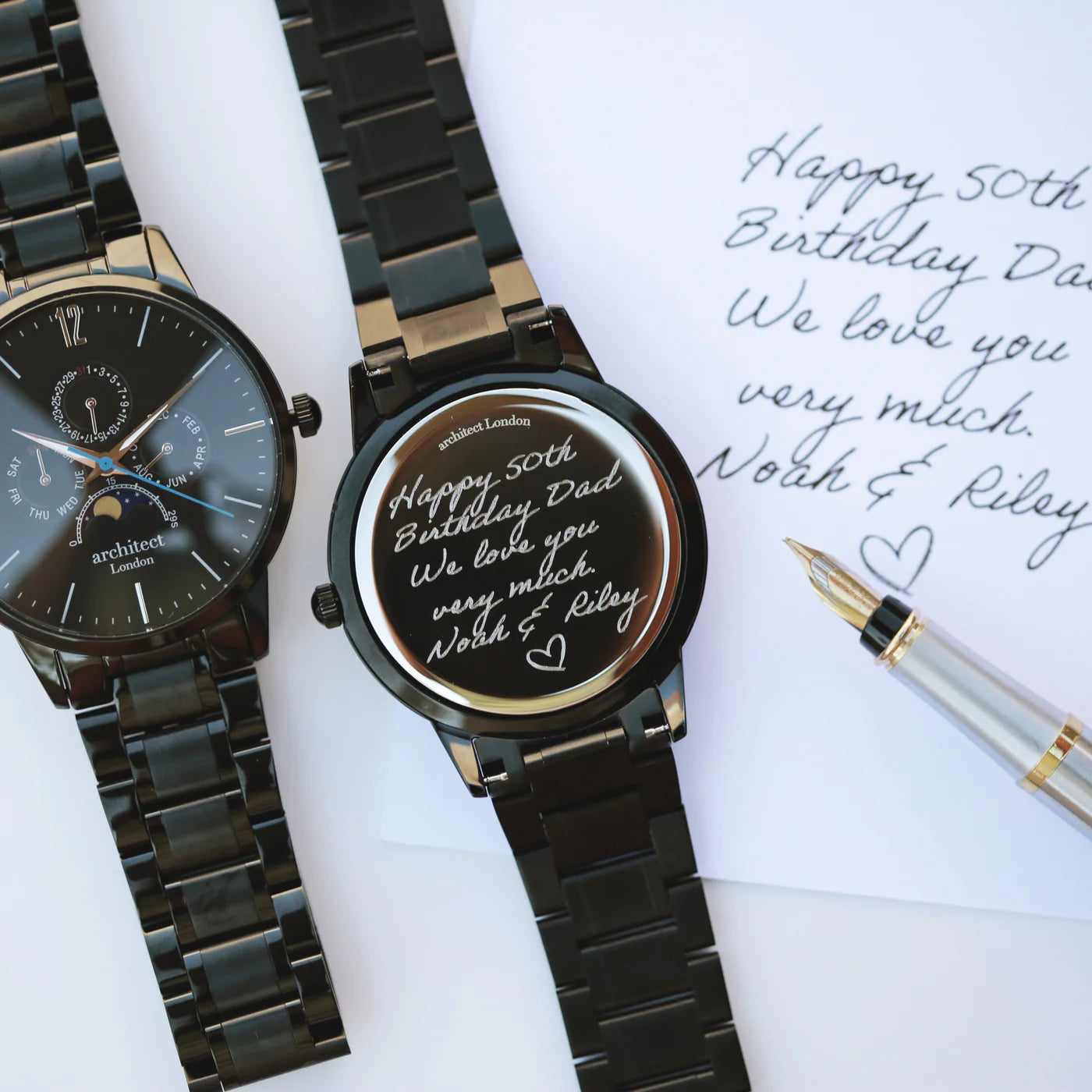 Image of a men's Architect Apollo Moonphase watch that can be engraved on the back with your own handwritten message or drawing.