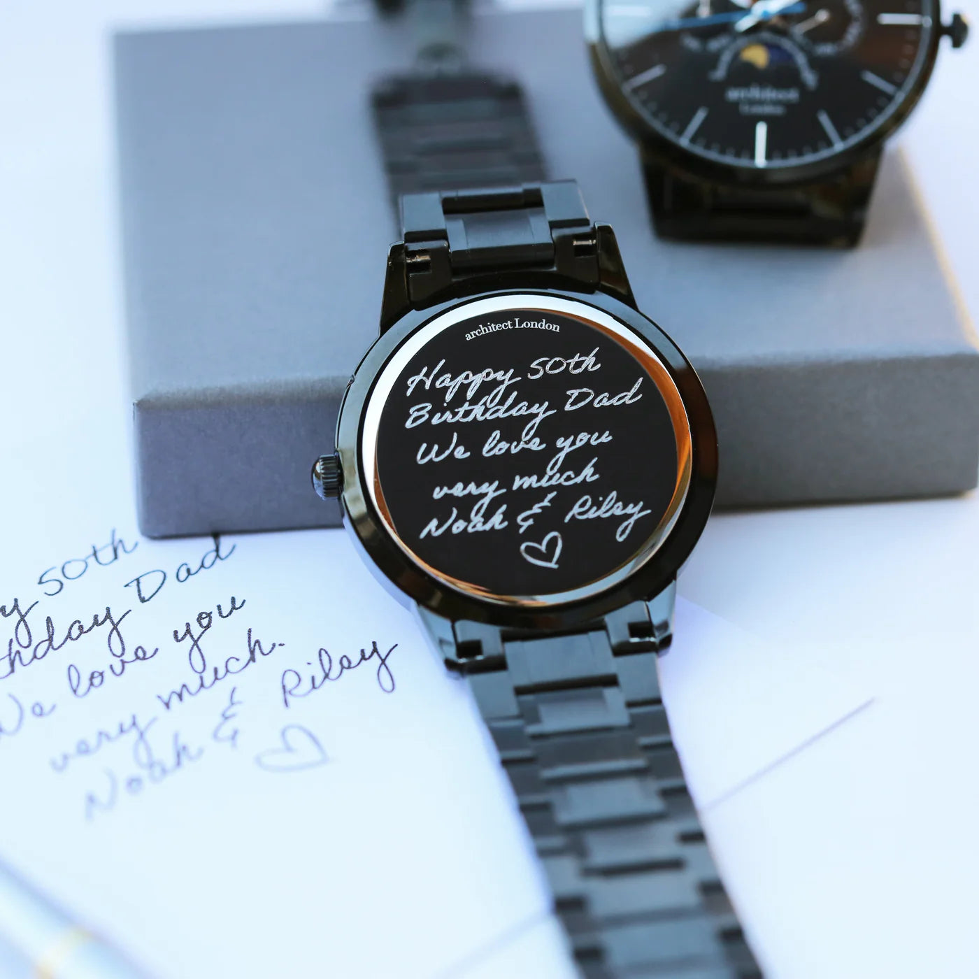 Image of a men's Architect Apollo Moonphase watch that can be engraved on the back with your own handwritten message or drawing.