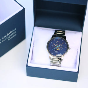 Image of a men's Architect Apollo Moonphase watch with a stainless steel strap and a blue face. The rear of the watch can be engraved with your own handwritten message or drawing.