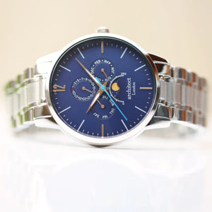 Image of a men's Architect Apollo Moonphase watch with a stainless steel strap and a blue face. The rear of the watch can be engraved with your own handwritten message or drawing.