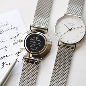 Image of a men's Architect Zephyr watch with a white face and a stainless streel mesh strap. The back of the watch can be engraved with your own handwritten message or drawing.