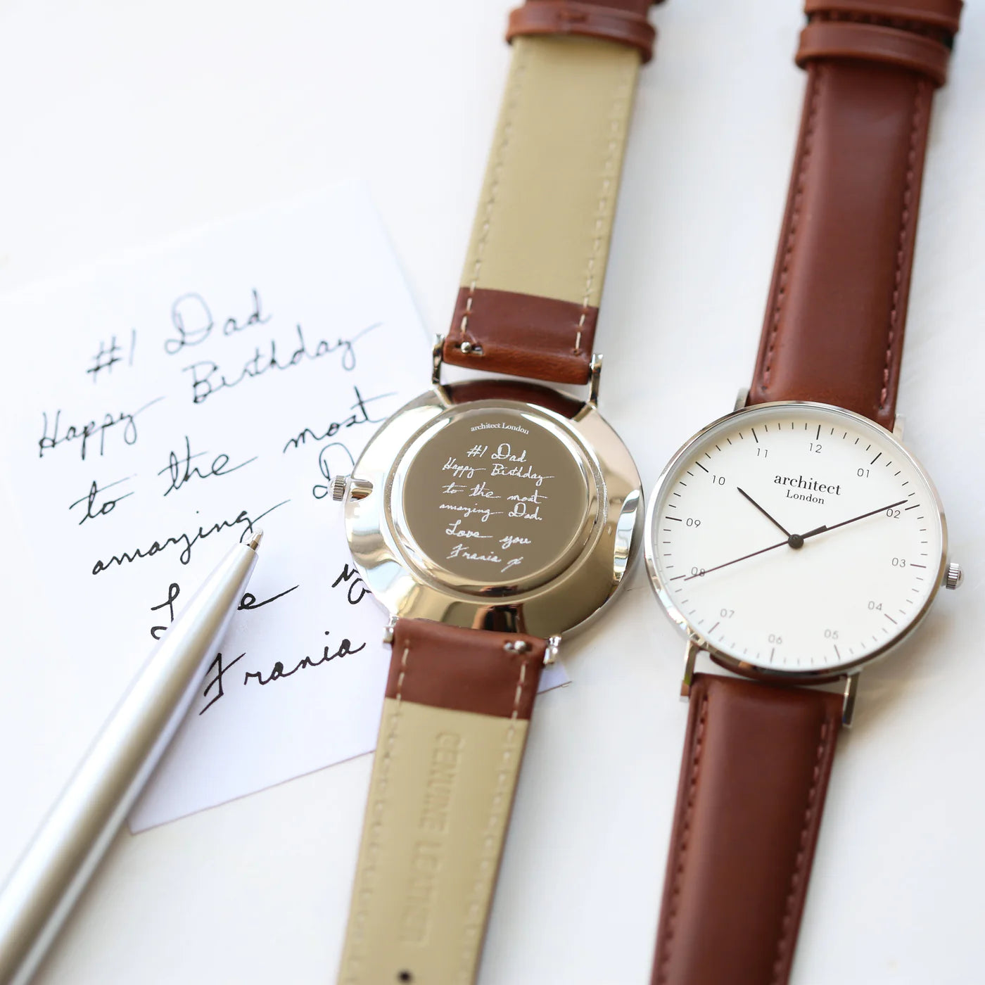 Image of a men's Architect Zephyr watch with an off white face and a walnut leather strap. The rear of the watch can be engraved with your own handwritten message or drawing.