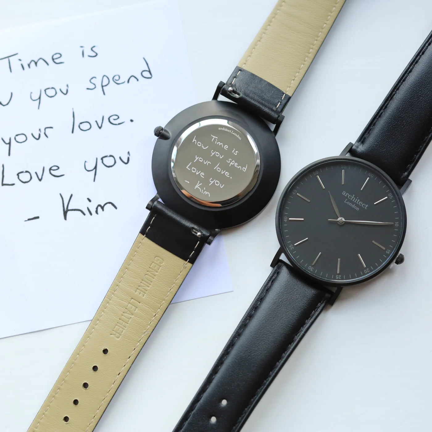 Image of a men's black Architect watch with a black face and leather strap. The back of the watch can be engraved with your own handwritten message or drawing.