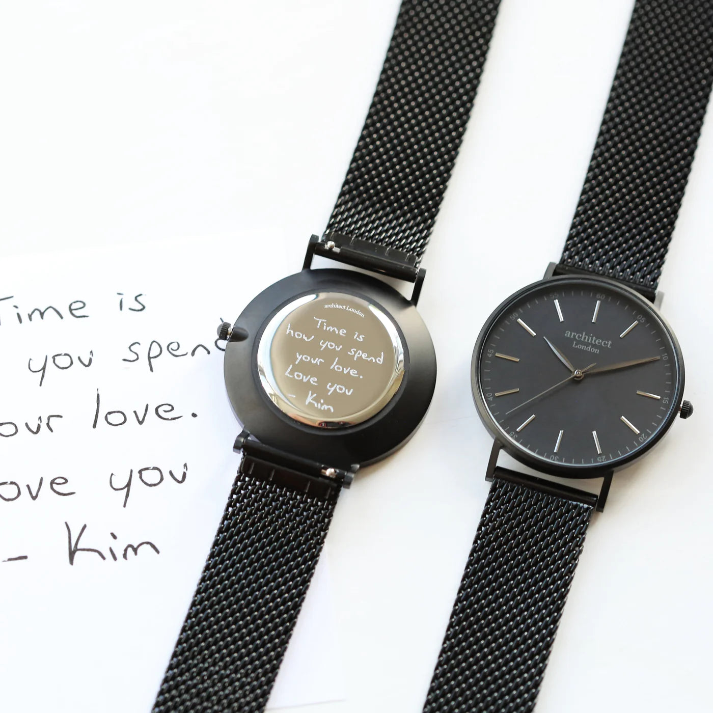 Image of a men's black Architect watch wtih a black face and black mesh strap. The back of the watch can be engraved with your own handwritten message or drawing.