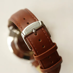 Image of a men's Architect Zephyr watch with an off white face and a walnut leather strap. The rear of the watch can be engraved with your own handwritten message or drawing.