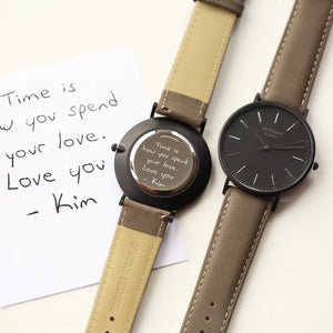 Image of a men's Architect watch with a black face and urban grey leather strap. The back of the watch can be engraved with your own handwritten name or message.