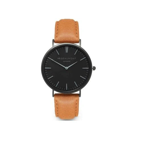 Image of a Mr Beaumont watch with a camel colour Nappa leather strap and a black face. The back of the watch can be engraved with your own handwritten