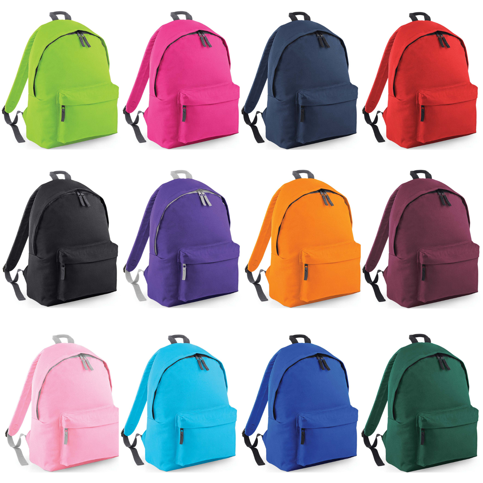 Image of the bag colour options for our junior rucksack with a dinosaur initial. The available colours are lime green, fuchsia pink, navy blue, red, black, purple, orange, burgundy, pink, surf blue, bright blue, dark green. The dinosaur initial will be embroidered in complementary colours to the bag.