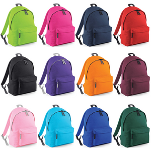 Image showing the colour choices available for our junior rucksacks - the available colours are lime green, fuchsia pink, navy blue, red, black, purple, orange, burgundy, pink, surf blue, bright blue and dark green. You can then personalise the bag in an embroidered name of your choice in a range of fonts and colours