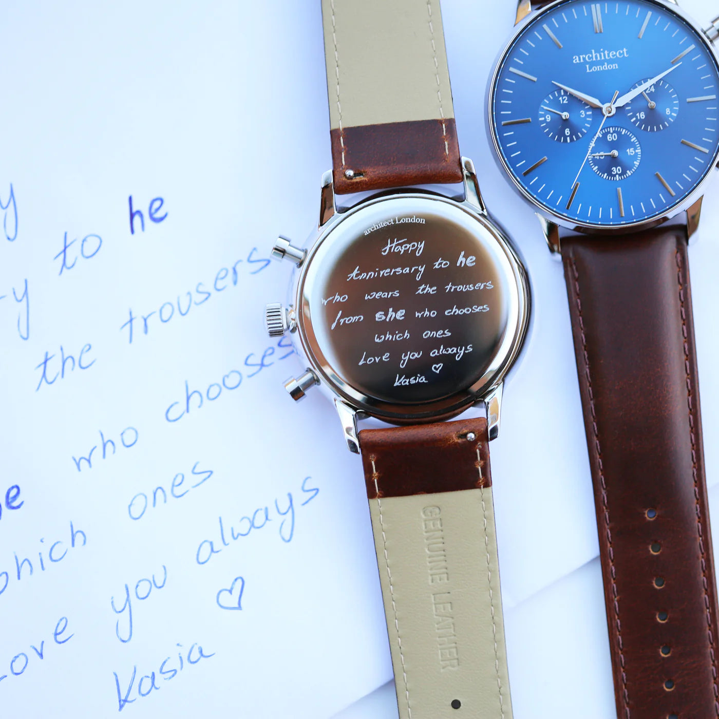 Image of a men's Architect Motivator watch that can be engraved with your own handwritten message on the back. The watch has a face and a brown leather strap.