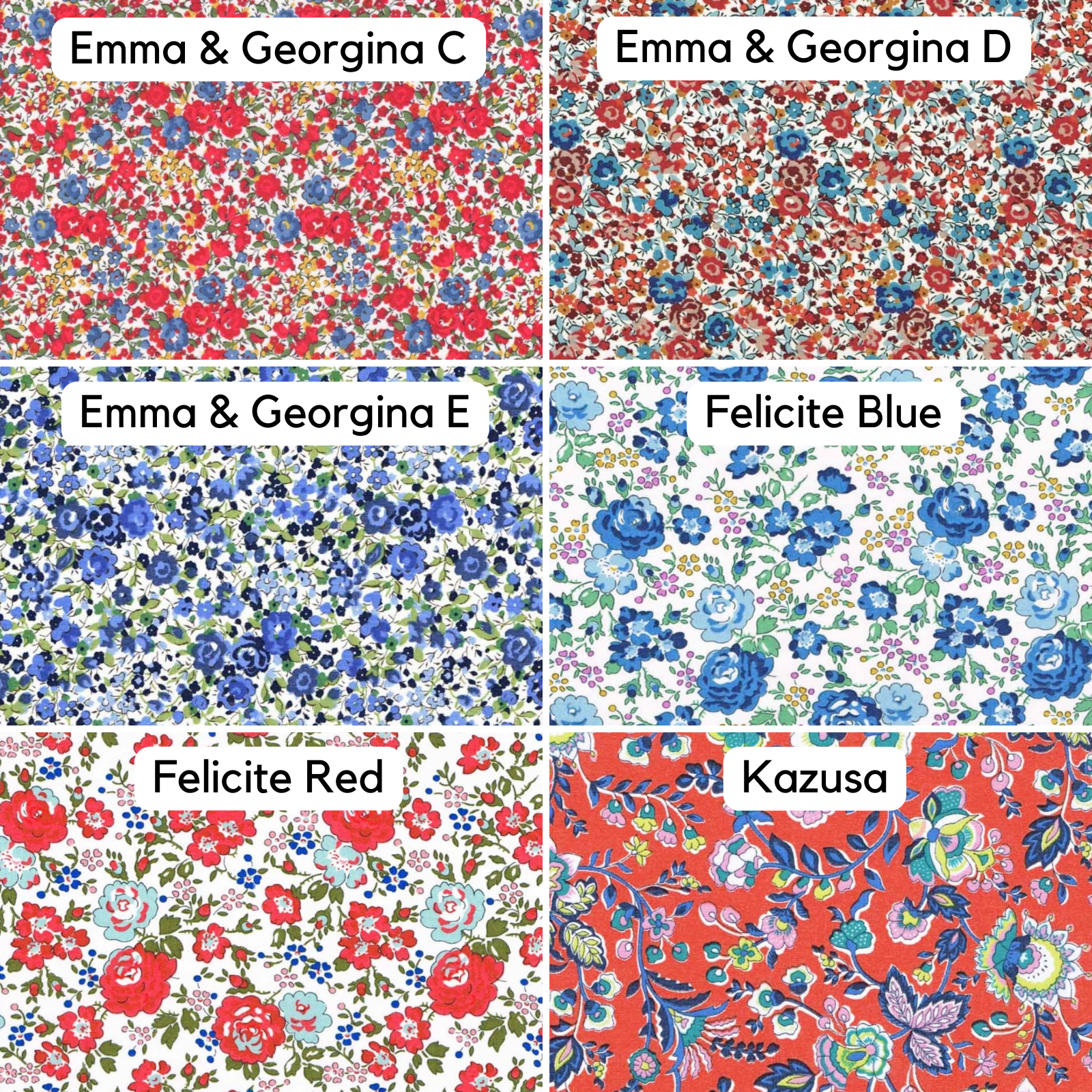 Image of 6 Liberty prints - Emma & Georgina C, Emma & Georgina D, Emma & Georgina E, Felicite Blue, Felicite Red and Kazusa which are all fabric options for an appliqued initial on our personalised nursery / school bags