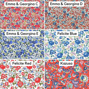 Image of 6 Liberty prints - Emma & Georgina C, Emma & Georgina D, Emma & Georgina E, Felicite Blue, Felicite Red and Kazusa which are all fabric options for an appliqued initial on our personalised nursery / school bags