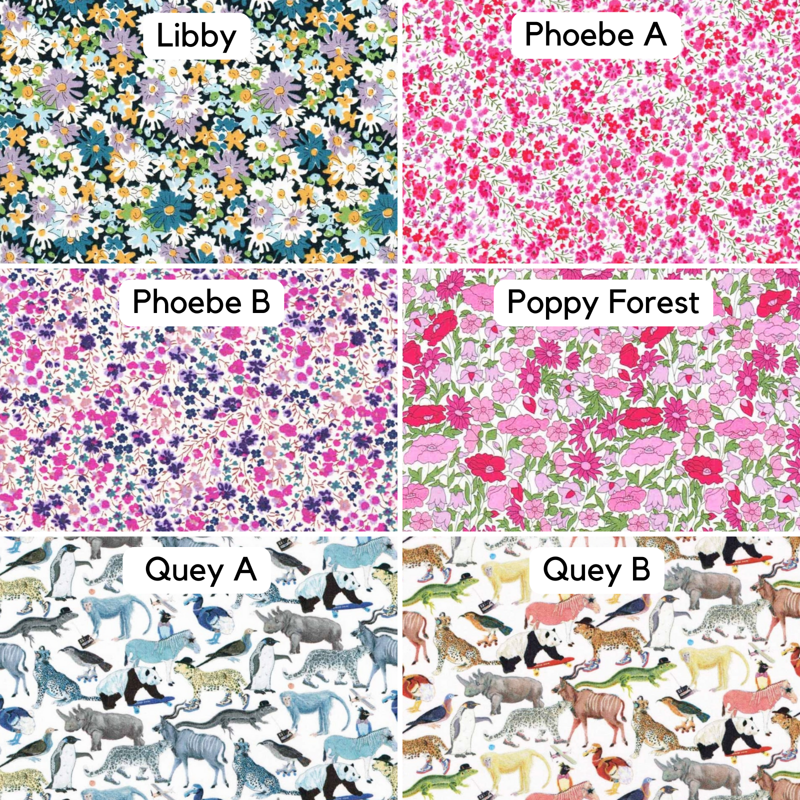 Image of 6 Liberty prints - Libby, Phoebe A, Phoebe B, Poppy Forest, Quey A and Quey B which are all fabric options for an appliqued initial on our personalised nursery / school bags