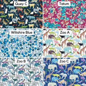 Image of 6 Liberty prints - Quey C, Tatum, Wiltshire Blue, Zoo A, Zoo B and Zoo C which are all fabric options for an appliqued initial on our personalised nursery / school bags