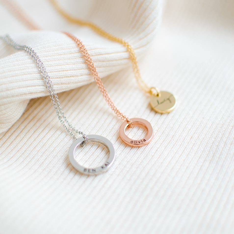 Image of 3 different personalised necklaces which are part of our collection of personalised gifts for women and girls