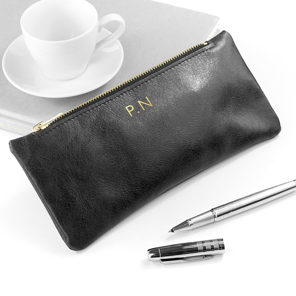 Image of a black leather pencil case that can be personalised with a monogram of up to 3 initials in gold foil