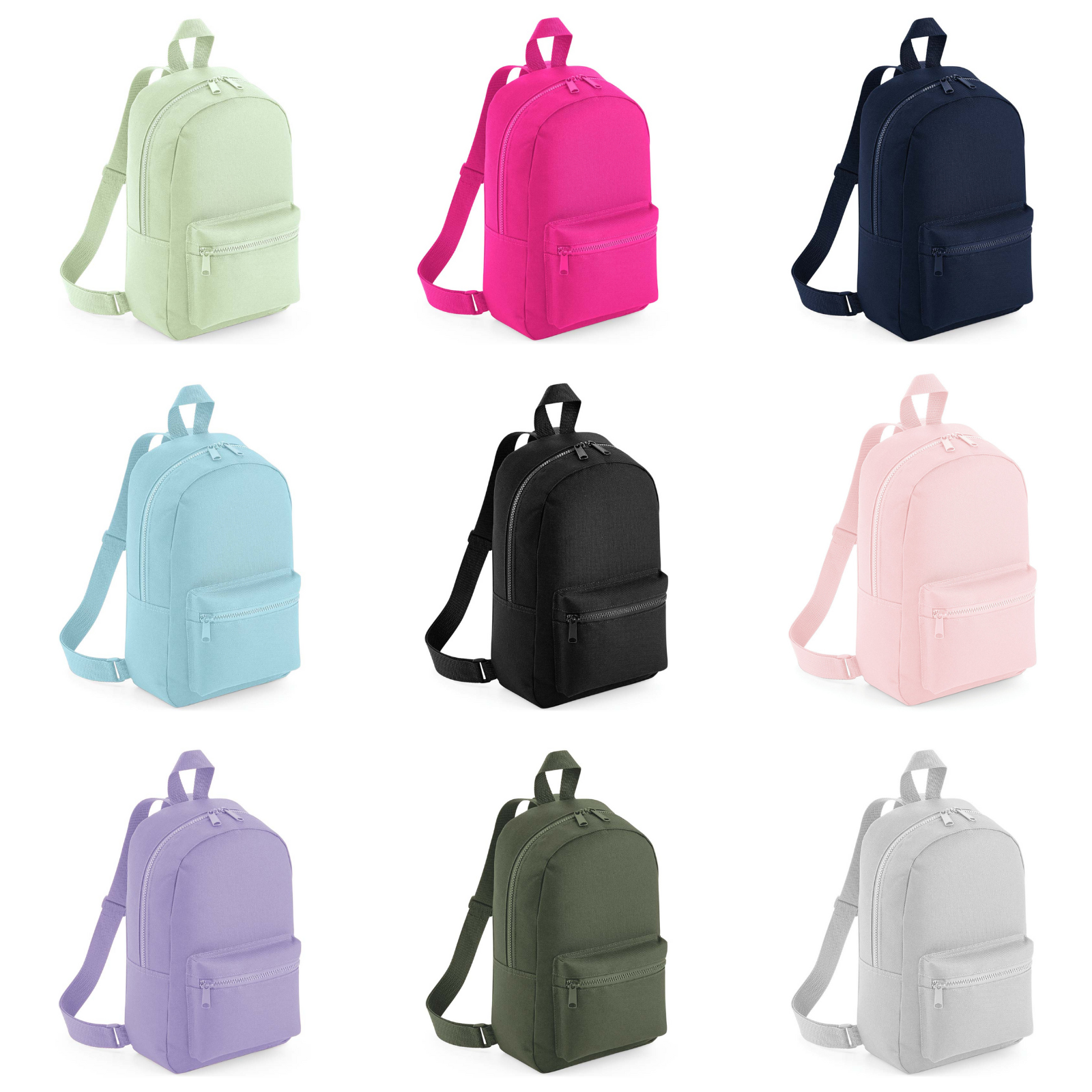 image of 9 different colour options for our personalised child's nursery or school back pack. The bag is available in pistachio, fuchsia pink, navy blue, powder blue, black, powder pink, lavender, olive green and light grey.