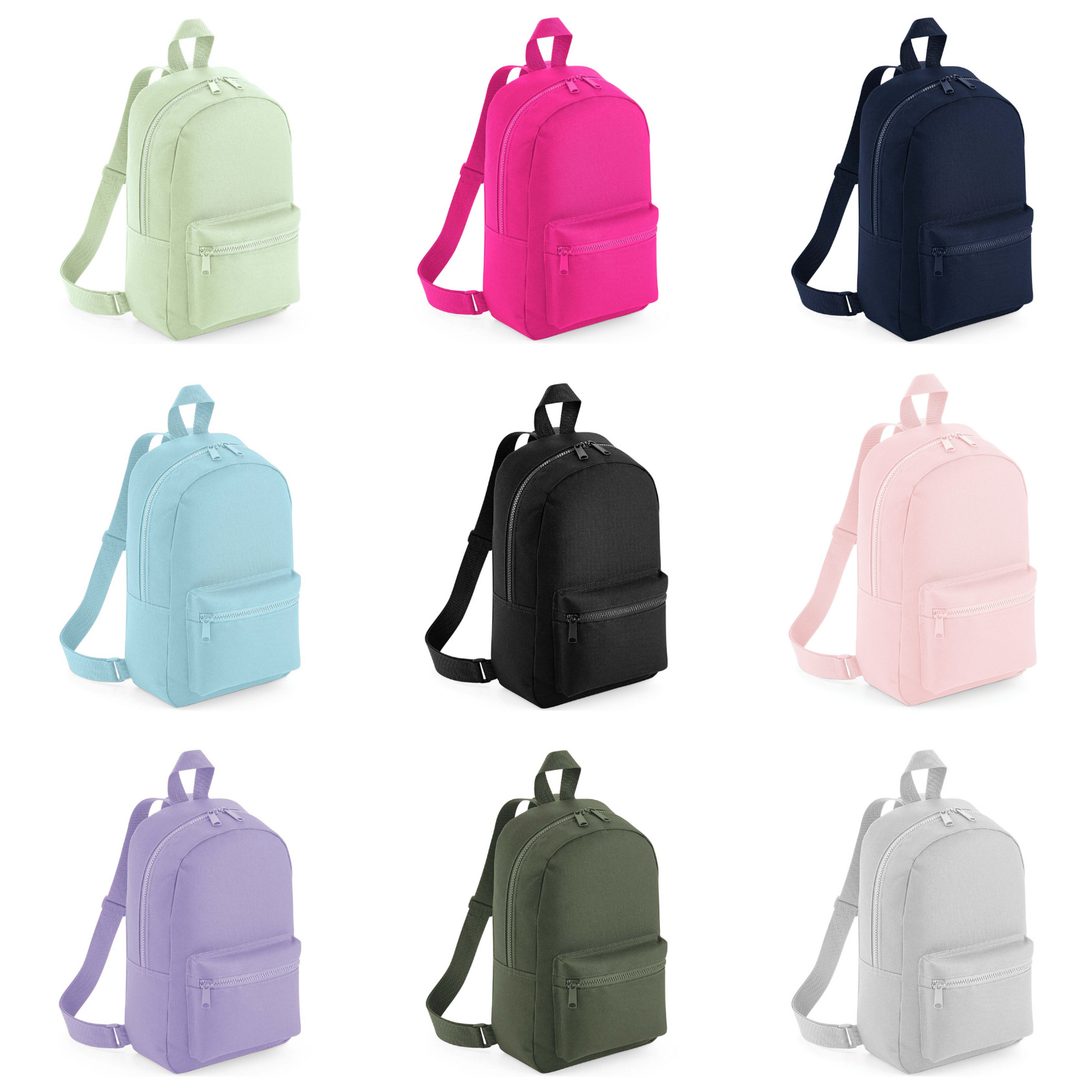 image showing the nine different coloured bags available for our personalised nusery bag with a dinosaur initial. The bag is available in pistachio, fuchsia pink, navy blue, powder blue, black, powder pink, lavender, olive green and light grey, all of which can be embroidered with an initial made up of mini dinosaurs, eggs and footprints.