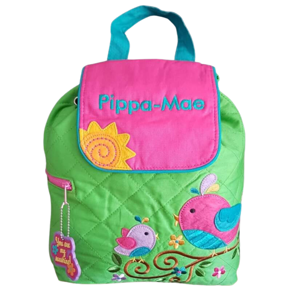 Personalised Stephen Joseph child's backpack made from quilted green fabric with bright bird applique designs. The backpack can be personalised with a name of your choice which will be embroidered onto the bag opening.