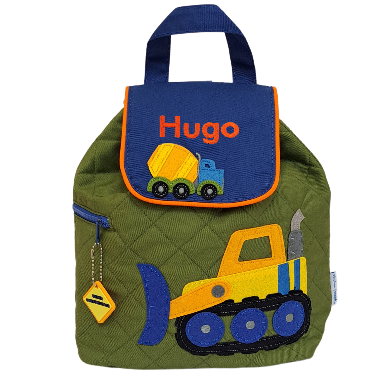 Image of a personalised Stephen Joseph back pack. The back pack has a khaki green main body with a blue closing flap. The bag has an appliqued digger and dumper truck on it in bright colours, and the bag can be personalised with a name of up to 10 characters which will be embroidered on the flap.