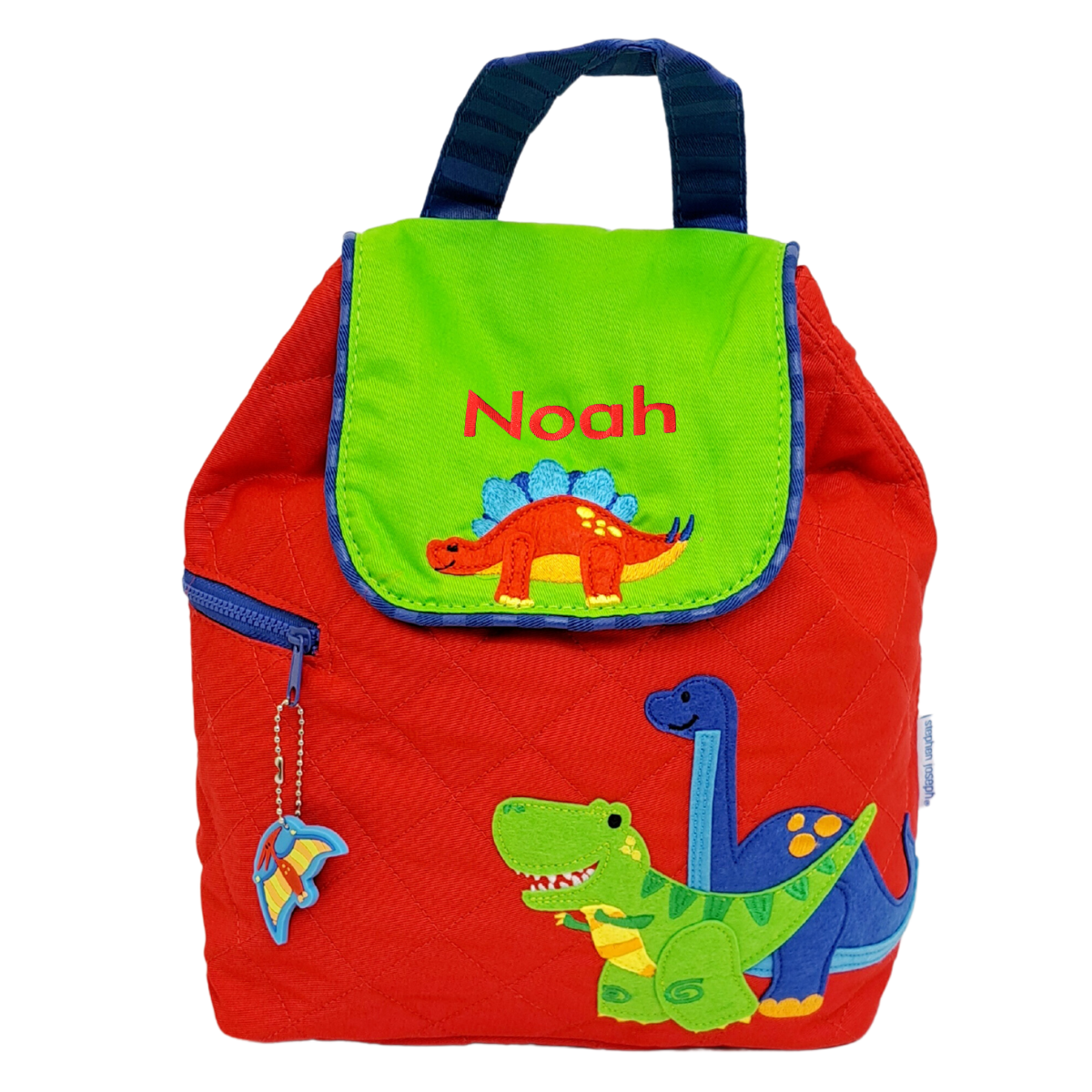 Image of a Stephen Joseph quilted back pack for children. The back pack has a red main body with two appliqued dinosaurs on it in bright colours. The flap of the bag is green with a red appliqued dinosaur on it and the flap can be personalised with a name of up to 10 characters.