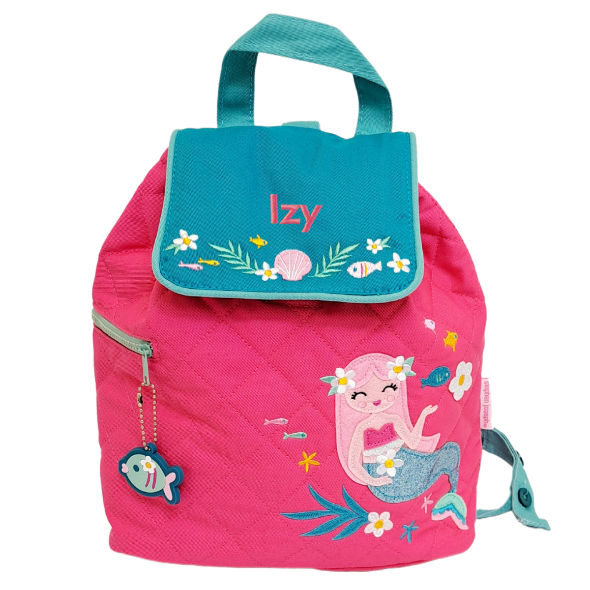 Image of a Stephen Joseph quilted backpack. The bag has a fuchsia pink main body with an appliqued mermaid on the front. The bag has a flap whcih is green in colour and it has a shell and little fish embroidered on it. The bag can be personalised with a name of up to 10 characters which will be embroidered on the flap.
