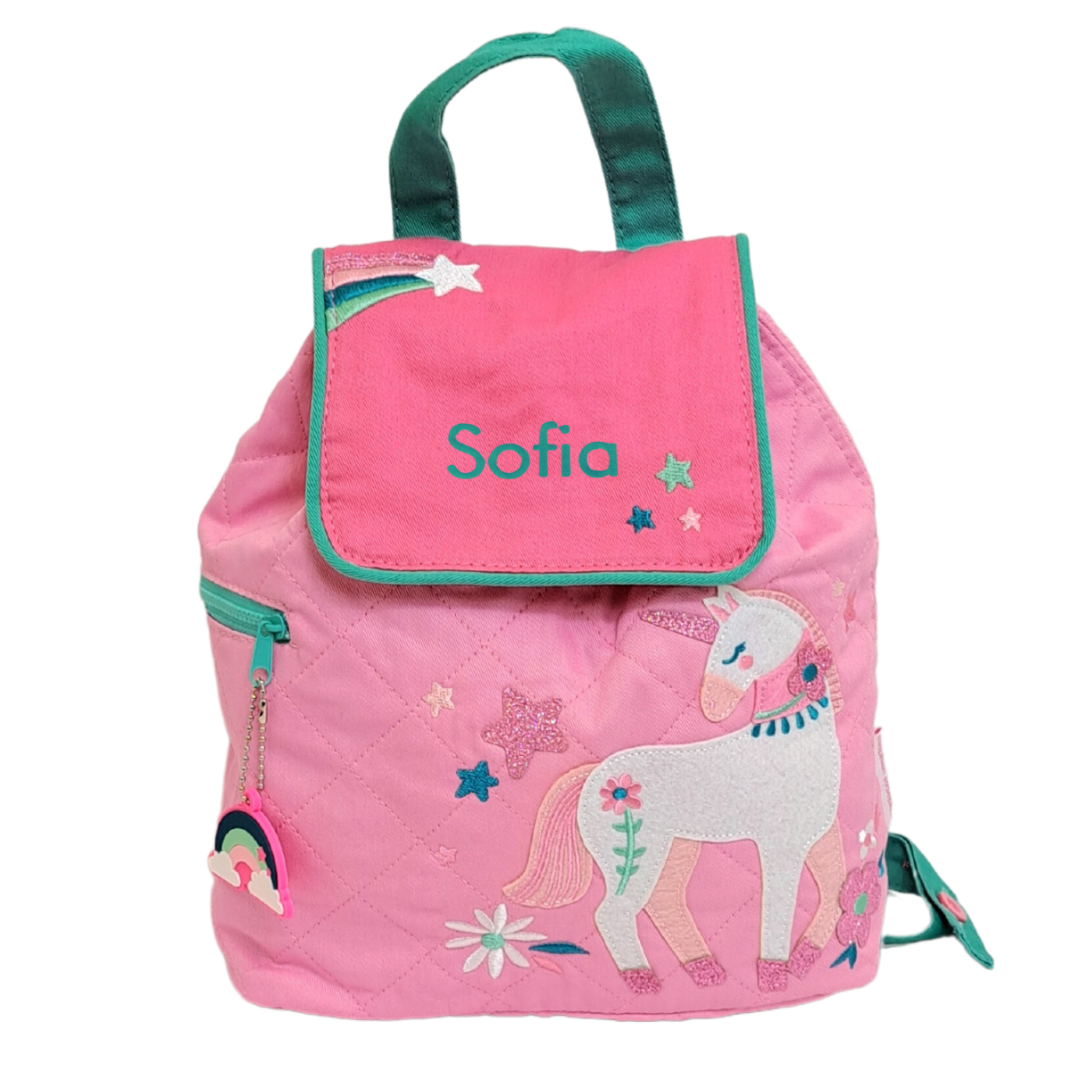 Image of a Stephen Joseph quilted bag for children. The main body of the bag is a fondant pink colour with an appliqued uniforn on the front with glittery feet and a glittery horn. The flap of the bag is a darker pink and it can be embroidered with a name of your choice of up to 10 characters.