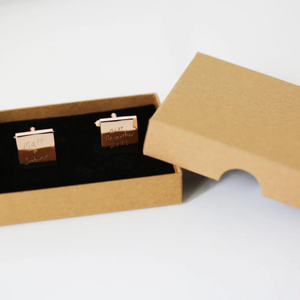 Image of a pair of cufflinks that can each be engraved with your own handwritten message. The cufflinks are available with either a silver or rose gold coloured finish, with a standard eco gift box.
