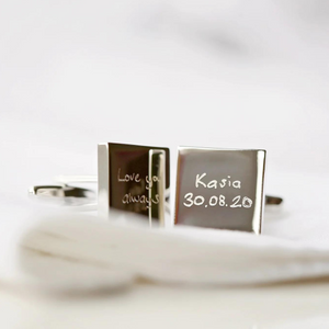 Image of a pair of cufflinks that can each be engraved with your own handwritten message. The cufflinks are available with either a silver or rose gold coloured finish.