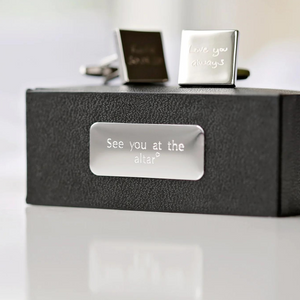Image of a pair of cufflinks that can each be engraved with your own handwritten message. The cufflinks are available with either a silver or rose gold coloured finish, wtih a deluxe engraved gift box.