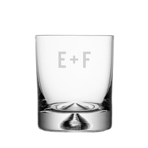 Image of a handblown glass tumbler for gin, whisky or cocktails, which can be hand etched with one or two initials in one of five monogram styles