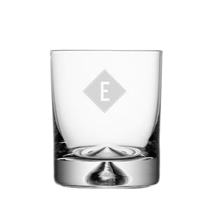Image of a handblown glass tumbler for gin, whisky or cocktails, which can be hand etched with one or two initials in one of five monogram styles