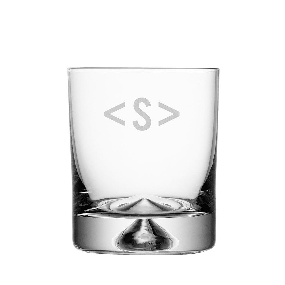 Image of a handblown glass tumbler for gin, whisky or cocktails, which can be hand etched with one or two initials in one of five monogram styles