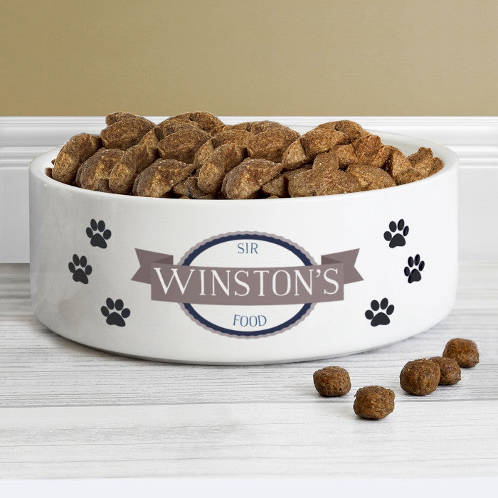 Personalised Cat or Dog Bowl with Blue Paw Print Design