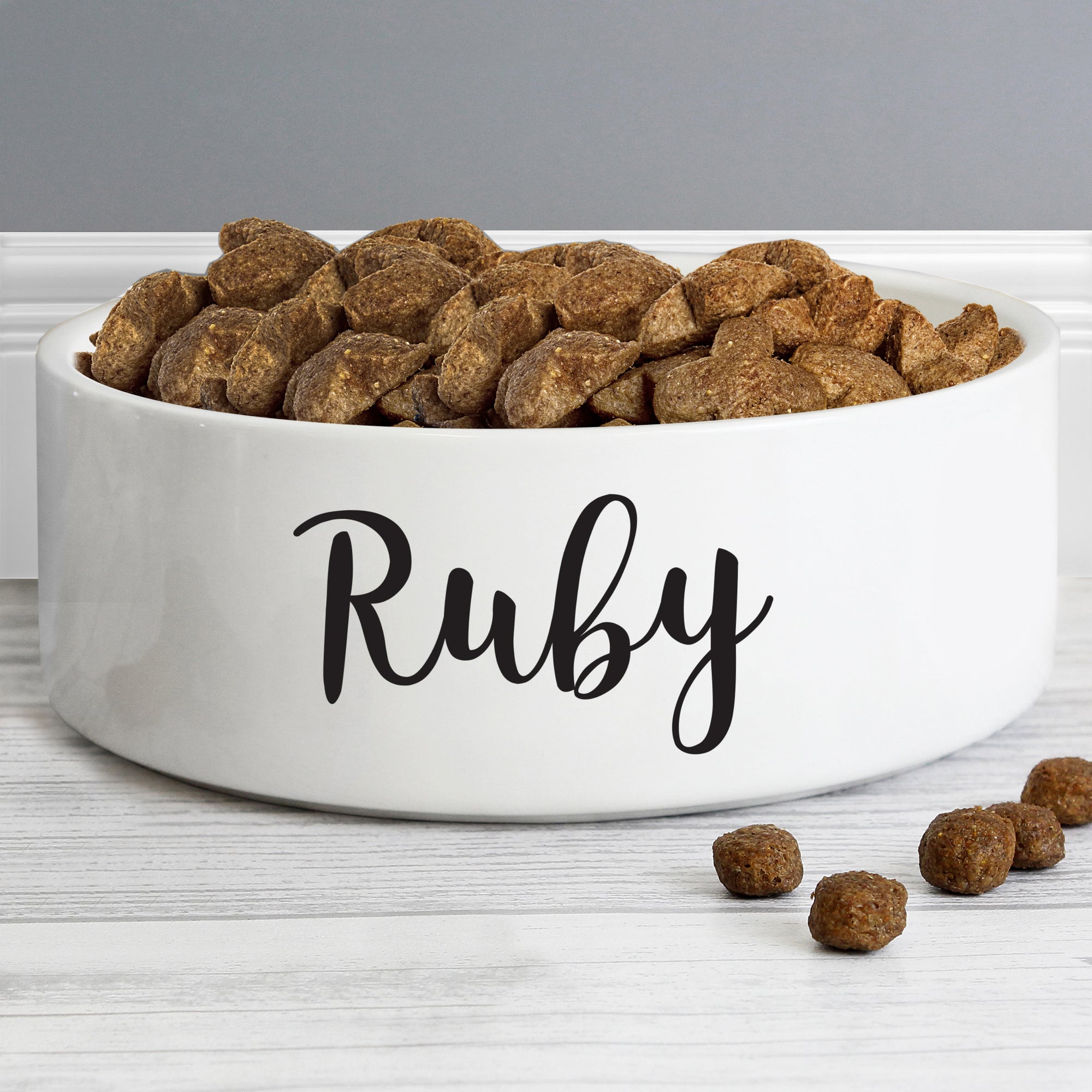 Image of Personalised White Ceramic Pet Bowl with Black Lettering in a modern script font
