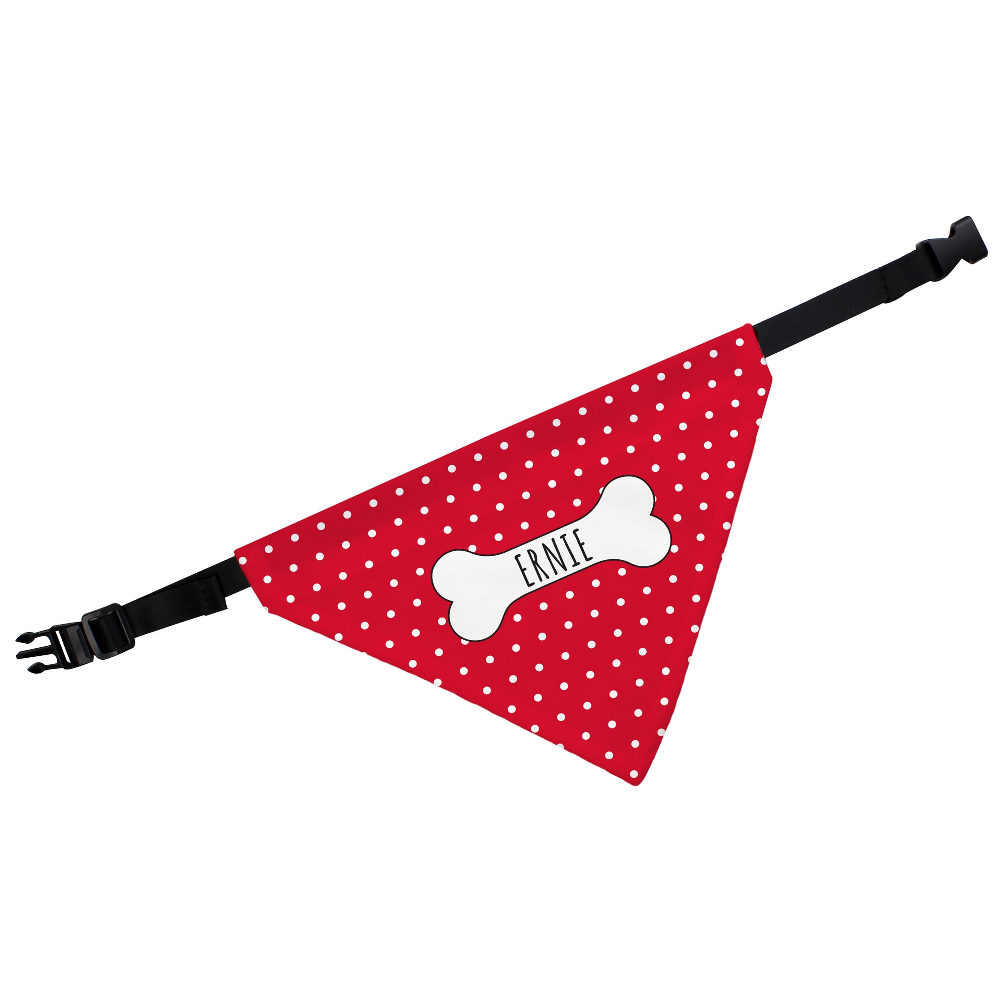 Imaage of a red polka dot bandana for dogs which can be personalised with a name