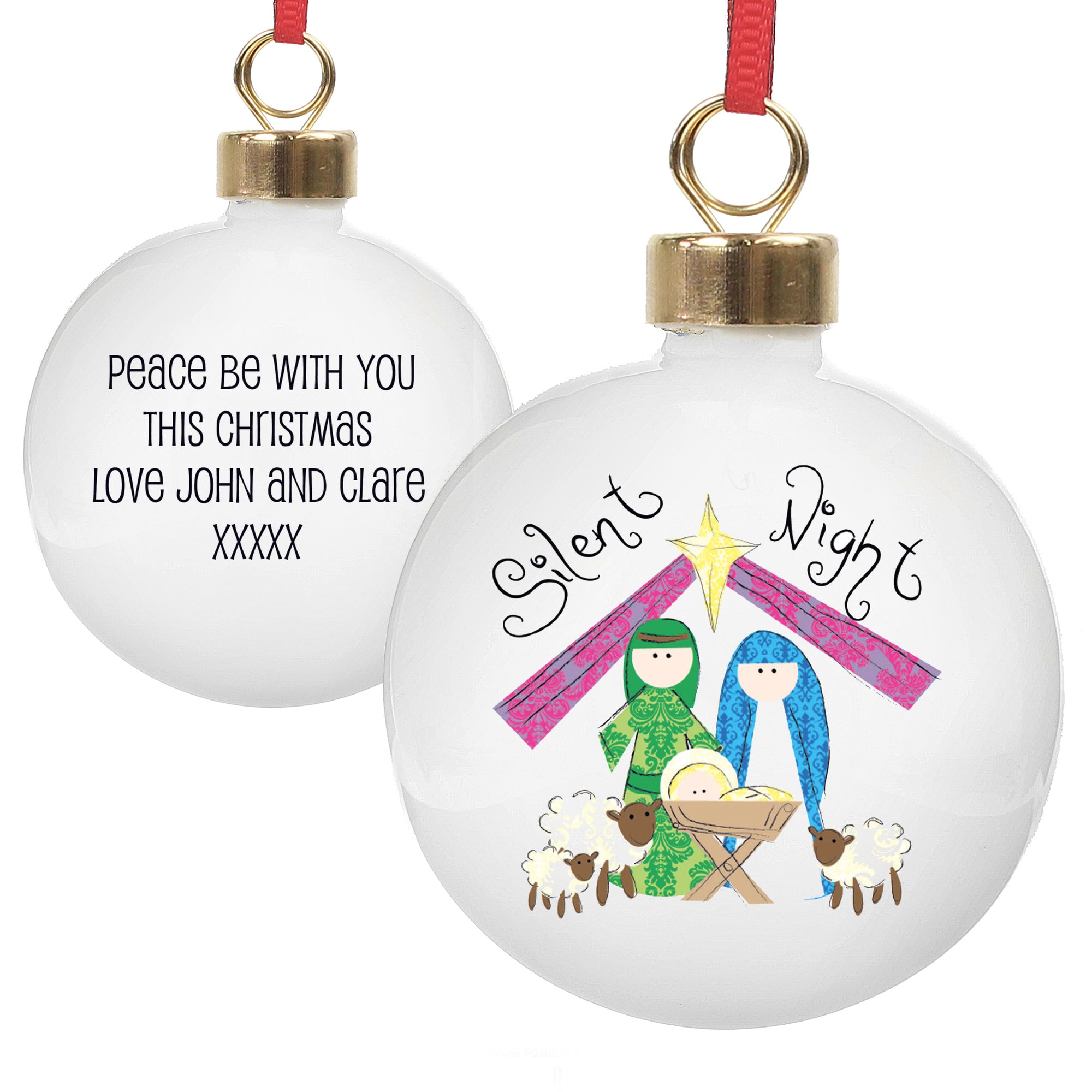 Personalised White Ceramic Christmas Bauble featuring the text 'Silent Night' and a hand drawn nativity scene.  The rear of the bauble can be personalised with your own message over 4 lines.