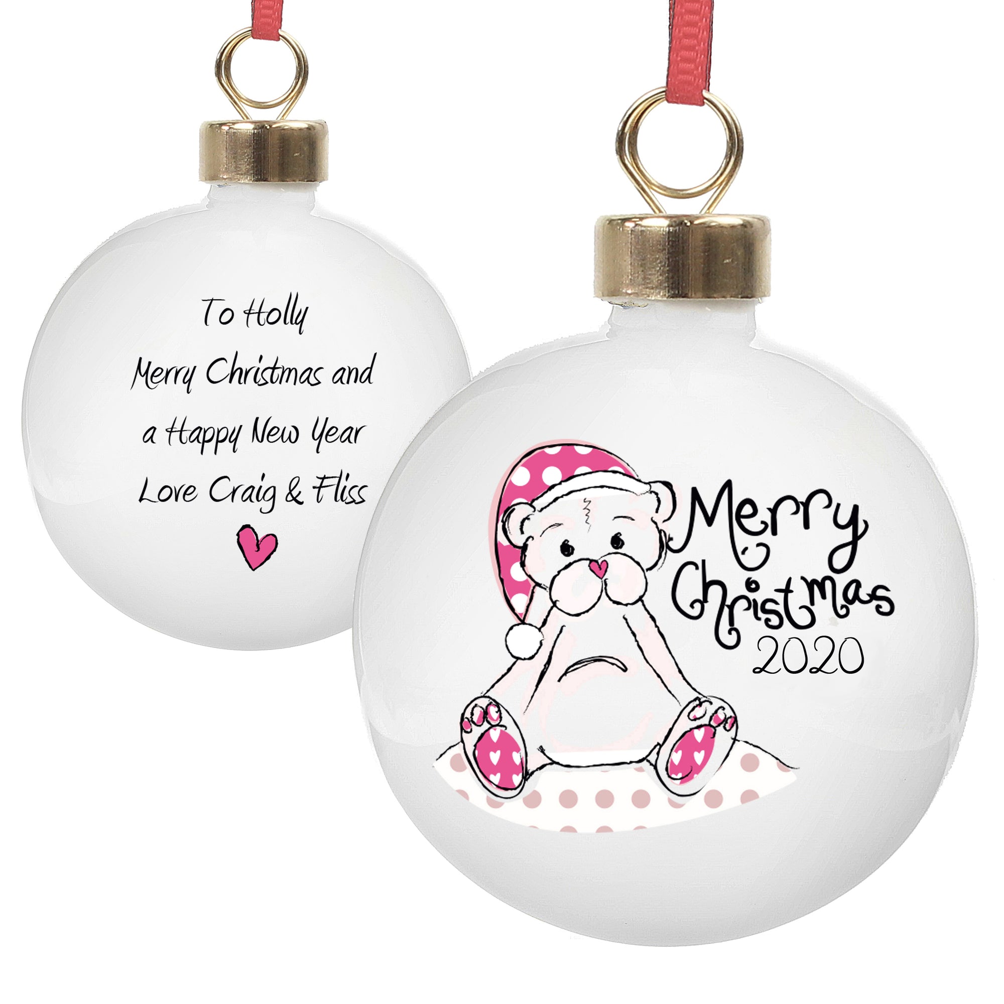 Personalised white ceramic round Christmas bauble which features an image of a hand-drawn teddy bear wearing a Christmas hat and the wording 'Merry Christmas' in a hand-written font.  You can add a year to the front of the bauble which will be printed below the 'Merry Christmas' and on the back, you can add your own special message over up to 4 lines. The bauble comes with a ribbon ready to hang it on a tree.