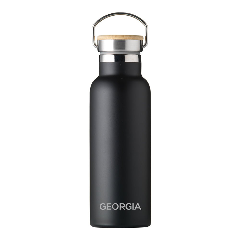 Personalised matt black insulated drinks bottle with a double wall and a bamboo vacuum screw top lid. The side of the bottle can be engraved with a name of your choice in uppercase.