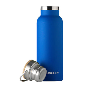 Personalised matt blue insulated drinks bottle with a double wall and a bamboo vacuum screw top lid. The side of the bottle can be engraved with a name of your choice in uppercase.