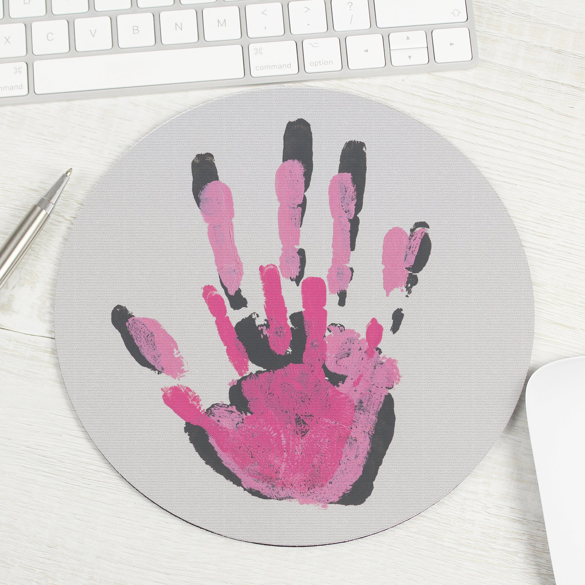 Image of a round mouse mat that can be personalised with your childs own art work. You can choose to have the artwork fill the entire mouse mat or you can add your own text which will be printed underneath the artwork.