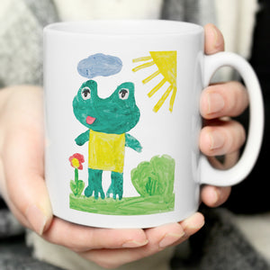 Image of a mug that can be printed with your child's own drawing on the front of the mug. You can choose to add your own message on the back of the mug or the drawing can also be printed on the reverse as well as the front.